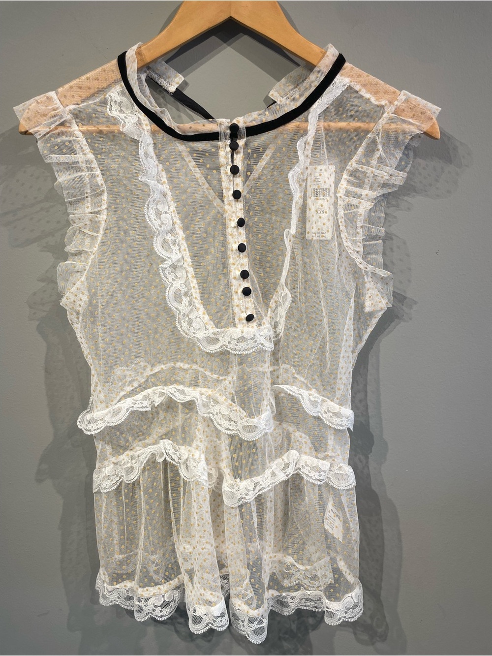 Anthropologie White Sheer Lace Dot Ruffle Blouse with Black Trim